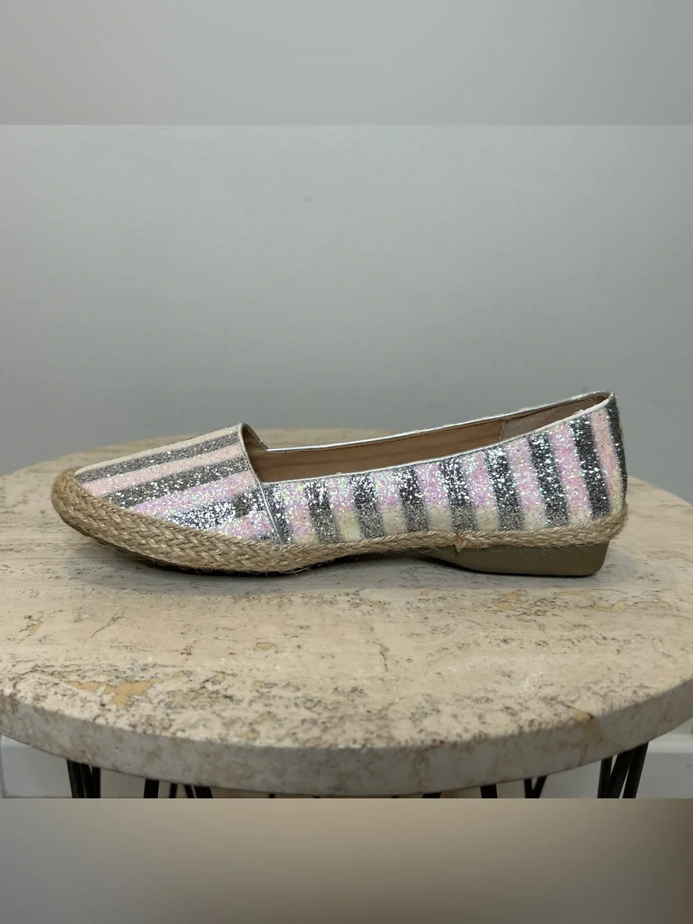 Joan Boyce Glitter Striped Espadrille Flats in Silver and Beige Size 8.5W